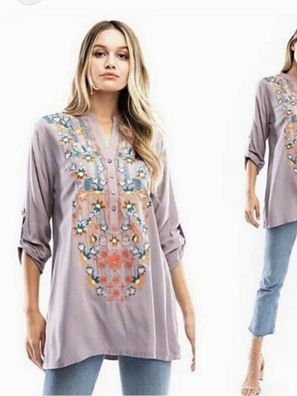 Luna Moon Anthropologie Mauve Grey Embroidered Tunic Top Roll Tab Sleeves Size L